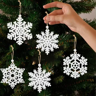 DAHI 32pcs Weiß Schneeflocken Holzanhänger, 4 Design Weihnachtsbaumschmuck Holz Christbaumschmuck Schneeflocken, 7.5cm holzschmuck Weihnachtsbaum für Winterdeko Weihnachtsdeko (Weiß -A)