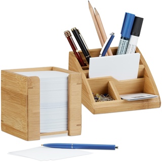 2 TLG. Schreibtisch Set, Schreibtisch-Organizer mit Stiftehalter, Zettelbox mit Notizzetteln 900 Blatt, aus Bambus