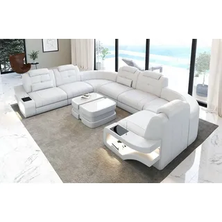 Sofa Dreams Wohnlandschaft Leder Couch Sofa Elena U Form Ledersofa, U-Form Ledersofa mit LED-Beleuchtung weiß