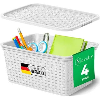 Novaliv 4er Set Elegante Aufbewahrungskörbe mit Deckel in Rattan-Optik | Weiß Lebensmittelecht Kunststoff 5L – für Büro und Zuhause. Vielseit...