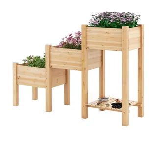 KOMFOTTEU Hochbeet, 3 Etagen, mit Ablage & Abflusslöchern, 161 x 43 x 104 cm beige