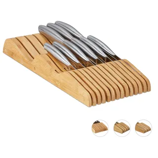 Relaxdays Messerblock Schublade, ohne Messer, liegend, Bambus, natur | für 13 Messer, HBT: 5x17x40 cm, Schubladeneinsatz