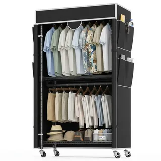 Kleiderständer Metall mit Rollen & Abdeckung,2 Kleiderstangen,Garderobenständer mit Höhenverstellbare Ablage,Kleiderständer Schwerlast ,Einfache Montage,Großer Kapazität,Stabil,90*45*205cm Schwarz