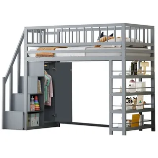 OKWISH Kinderbett Hochbett, Hochzaun-Sicherheitsdesign (mit Kleiderschrank, Regalen und Stauraum, 90 x 200cm), ohne Matratze grau
