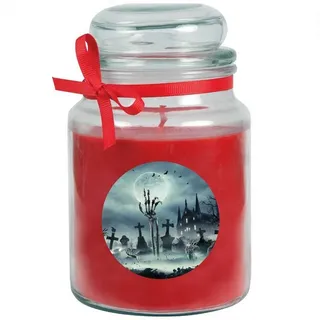 HS Candle Duftkerze (Dekokerze, 1-tlg), Halloween - Kerze im Bonbon Glas, Ideale Herbstdeko rot Ø 10 cm x 10 cm x 16 cm x 10 cm