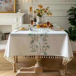 Rechteckige Tischdecke Aus Baumwolle Und Leinen, Wasserdicht Und Waschbar, Landhausstil, 140 X 178 Cm (beige, Grünes Blattmuster)