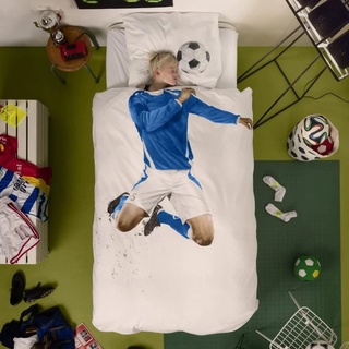 Snurk Bettwäsche-Set mit Bettbezug und Kissenbezügen, Fußball-Motiv, hohe Auflösung, 100 % Baumwollperkal, für Kinder und Mädchen, Farbe Weiß, Größe – Einzelbett 155 x 220 cm