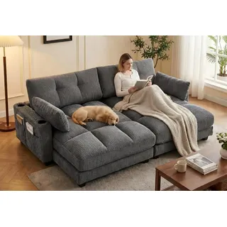 LVHOM Polsterliege Ottomane/Loungesofa/Polsterbett/Daybett/Gästebetten/Schlafsofa (USB/Typ C-Ladeanschlüssen, Seitentaschen, Getränkehalter, modularer Flexibilität Palmen Sessel, links & rechts tauschbare Armlehnen, Schlaffunktion, Platzsparend, 2-St., Multifunktional für Kleinwohnung, Homeoffice und Gästeübernachtung), Perfekt für Wohnzimmer, Schlafzimmer, Jugendzimmer, Gästezimmer grau
