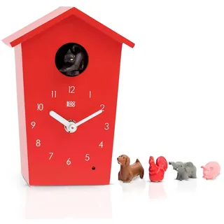 KOOKOO AnimalHouse Rot, Moderne kleine Kuckucksuhr mit 5 Bauernhoftieren, Aufnahmen aus der Natur. Hat EIN freundliches und modernes Design.