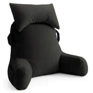 Unisakey Tragbares Lesekissen mit Kopfstütze zum Sitzen im Bett (grau, Oeko-Tex), Samt-Rückenkissen mit Armen und Taschen für Erwachsene, stützendes Memory-Foam-Bettkissen für Schlafsaal, Lesen