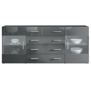 Vladon Sideboard Bari (Kommode mit 2 Türen, 4 Schubladen und 2 flexible Glaseinlegeböden), Schwarz matt/Grau Hochglanz (166 x 72 x 35) grau