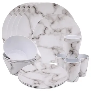 Trimming Shop 16-teiliges Melamin-Geschirrset | Teller, Dessertteller, Schalen und Tassen | Marmor-Essset | Service für 4 Personen | Wiederverwendbares Partygeschirr-Set für drinnen und draußen