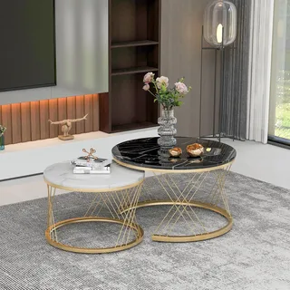 Merax Couchtisch Rund, Satztisch 2er Set, Moderne Beistelltisch Wohnzimmertisch Nesting Kaffeetisch mit Gold Metallgestell, Marmormuster, Sofatische für Wohnzimmer Balkon Büro, Schwarz & Weiß