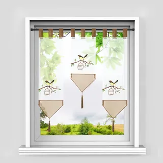 HeichkelL Scheibengardinen Set 3 teilige Bistrogardine mit Stickerei und Quaste Panneaux Küchegardine mit Schlaufen Kurzstores Lamellen Gardinen Braun Vögel BxH 20x50cm*1 + 20x70cm*2