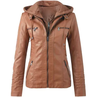 SkotO Lederjacke Damen Große Größen - Kunstlederjacke Mit Kapuze Kurz Bikejacke Lederimitat Übergangsmantel Winddicht Motorradjacke Softshell Fahrradjacke Wasserdicht Atmungsaktiv Softshelljacke - XL