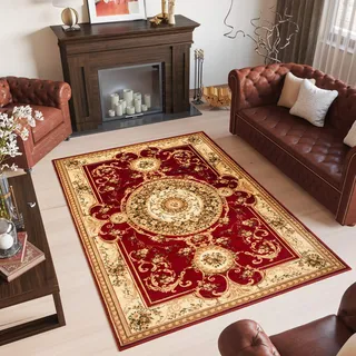 TAPISO Yesemek Klassisch Teppich Kurzflor Wohnzimmer Schlafzimmer Orientalisch Floral Medaillon Muster Bordüre Rot Creme Barock Design ÖKOTEX 140 x 190 cm