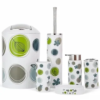 6tlg Badset Badezimmer Zubehör Set Organizer: Seifenspender, Zahnputzbecher, Kosmetikeimer, WC Bürste und Halter, Seifenschale, Mülleimer, Zahnbürstenhalter, Badgarnitur (Kreise und Natur)