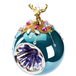BRUBAKER Premium Weihnachtskugel Blau mit Hirsch Figur - 10 cm Christbaumschmuck mit Perlen Dekorationen - Von Hand dekorierte Baumkugel aus Glas - Weihnachtsdeko Christbaumkugel