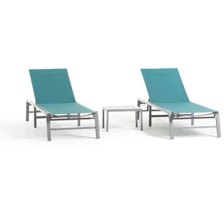 RATTATAN Set mit 2 Sonnenliegen und Beistelltisch aus Aluminium, verstellbare Rückenlehne, atmungsaktives Textilene, modernes,wetterfestes Design – DUNA–Petrol