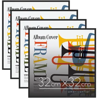 Americanflat Bilderrahmen 32x32 cm 4er Set - Schallplatten-Rahmen - Schwarz | Aluminium-Rahmen mit Plexi-Scheibe für Vinyl, zur Wandmontage, für LP- und Albumcover, mit Aufhängung