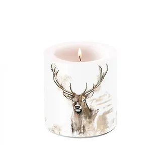 Ambiente Stumpenkerze Paraffin 7,5x9cm mit Hirsch Motiv - Tischkerze Blockkerze Zylinderkerze Kerzendeko Herbst Winter Weihnachten Dekokerze rustikal Braun