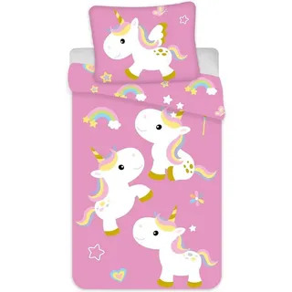 COFI Unicorn Bettwäsche Einhorn-Motiv Rosa 135 x 200 cm + 80 x 80 cm