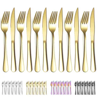 Evanda Gold Steakbesteck 12 teilig, Gold Titanbeschichtung Edelstahl 6 Tafelgabeln und 6 Tafelmesser Set, Steakmesser Steakgabeln, spülmaschinenfest