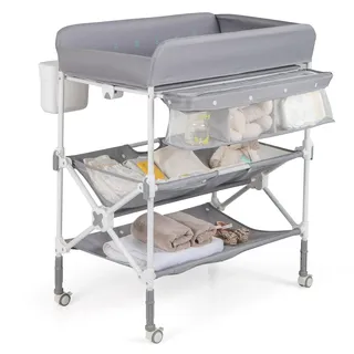 COSTWAY 5 in 1 Wickelkommode, Wickeltisch klappbar, Wickelstation höhenverstellbar mit Seitenkorb, Regalen & Mülleimer, tragbares Baby Changing Table mit Rollen für Neugeborene & Säuglinge (Grau)