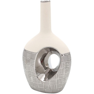 Dekohelden24 Edle Designer Keramik Vase oval mit Loch und langem Hals in Silber-rau weiß, Silbergrau