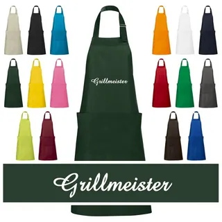 Schnoschi Grillschürze Hochwertige Küchenschürze mit Grillmeister bestickt, Grill Schürze, Stickerei Grillmeister, Große Tasche mit 2 Fächern, Metallschlaufe grün