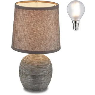 KHG Keramik Tischlampe in kalkfarbe dunkelgrau, Tischleuchte mit Stoffschirm aus Baumwolle, Nachttischlampe mit E14 Fassung mit Leuchtmittel, runder Fuß aus Keramik, Leuchte mit Kippschalter