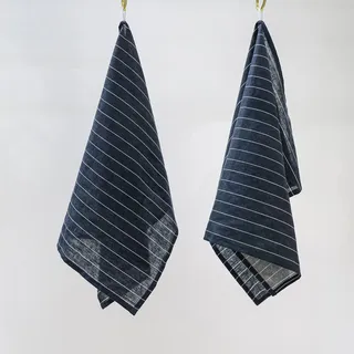 Linendo Geschirrtücher 2 Stück, 50 cm x 75 cm, 45% Baumwolle & 55% Leinen, Steingewaschen Küchentuch (Marineblau Gestreift)