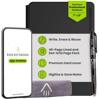 Rocketbook Wiederverwendbares Digitales Notizbuch A5 Schwarz Elektronischer Notizblock mit 20 Blatt Liniert und mit Punktraster, Hardcover Veganes Leder mit inkl. Pilot Frixion Stift