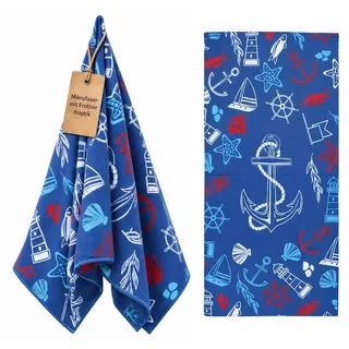 Sonia Originelli Strandtuch Blau Rot baumwollweich Mikrofaser maritim | leicht und kompakt, Badetuch für Pool und Camping, Reisehandtuch, kaum Platzbedarf, ca. 70x140 cm