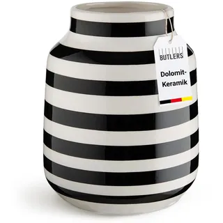 BUTLERS Malika Vase gestreift, Dolomit, Ø 13,5 cm, Schwarz-Weiß | Hochwertige Dolomit-Keramik mit Streifen-Design, für Tisch, Fensterbank, Regal & Büro, Höhe 17 cm, Ø 13,5 cm