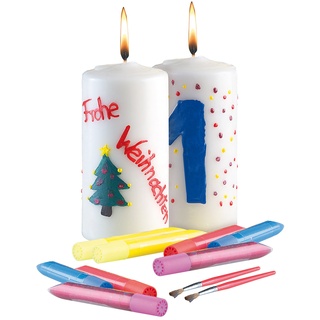 2er-Set Kerzen zum Selbstbemalen mit je 3 Farben, Glitzer und Pinsel
