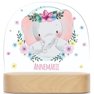 GRAVURZEILE Personalisiertes LED Nachtlicht für Kinder - Blumenkranz - Personalisiert mit Namen - Nachttischlampe für das Kinderzimmer - Geschenk für Kinder & Babys - Baby Geschenk - Elefant Blume