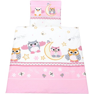TupTam Unisex Baby Wiegenset 4-teilig Bettwäsche-Set: Bettdecke mit Bezug und Kopfkissen mit Bezug, Farbe: Eulen Rosa, Größe: 80x80 cm