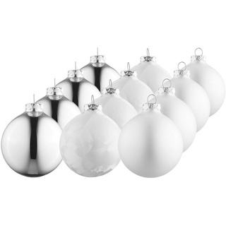X-Mas Christbaumkugel-Set, Silber, Weiß, Glas, 12-teilig, Handmade in Germany, Dekoration, Weihnachtsdekoration, Weihnachtsbaumschmuck, Weihnachtskugeln