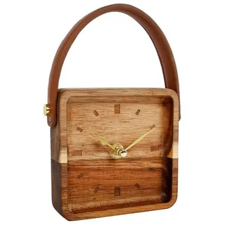 Spetebo Standuhr Holz Standuhr 11 cm mit Griff in Leder Optik (1-St), Analog Retro Tischuhr eckig beige|braun 11 cm x 17 cm