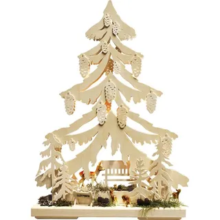 RATAGS LED Schwibbogen Tanne klein, Futterkrippe, Rehkitz, Höhe 44 cm, Handarbeit aus dem Erzgebirge