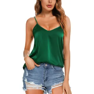 VIDUSSA Damen Satin Cami Tank Top Seidentop Shirt Ärmellose V-Ausschnitt Blusen Spaghetti Oberteile Grün L - L