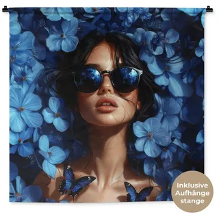 MuchoWow Wandteppich Frau - Blau - Blumen - Schmetterlinge - Natur, Quadratisch, Höhe: 3 mm, Wand Teppich Wohnzimmer, Schlafzimmer, 150x150 cm blau Quadratisch | 150 cm x 150 cm x 3 mm