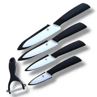 S-HubOla Keramik Messer Set 5Tlg, 4 Messer und 1 Schäler Messerset Kochmesser Chefmesser Schälmesser Allzweckmesser scharf Gemüsemesser rot (Schwarze Griff, weiße Klinge)