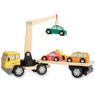 Nene Toys Autotransporter aus Holz mit Magnetkran und 4 Autos ab 2 Jahren | Fahrzeugspielzeug zum Beladen, Entladen und Transportieren – Fördert Feinmotorik, Hand-Auge-Koordination und Fantasie