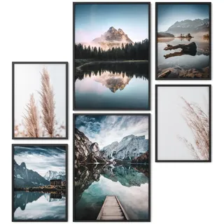 Papierschmiede® Mood Poster Set Mountain View, Gerahmte Bilder (Rahmen: Material und Farbe wählbar), Wohnzimmer Deko Schlafzimmer, 2x A3 und 4x A4, Berg Wald See Pampas Gras
