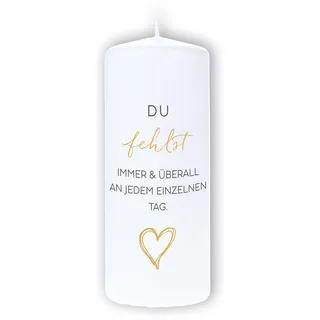 DOLORINO Trauerkerze mit Spruch "Du fehlst immer & überall an jedem einzelnen Tag" | liebevolles Symbol des Trostes | made in Germany | 120 Std. Brenndauer | 8x20cm