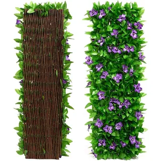 Qisino Künstlicher Efeuzaun und lila Blumen, erweiterbare Gartengitterplatten für Balkon, Terrasse, Außenbereich, dekorative Efeuzaunpaneele, künstliche Efeu, Hecken (1)