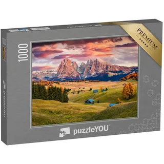 puzzleYOU: Puzzle 1000 Teile „Sonnenaufgang auf der Seiser ALM mit herbstlichen Lärchen vor dem Langkofel“ – aus der Puzzle-Kollektion Alpen, Regionen, Landschaft