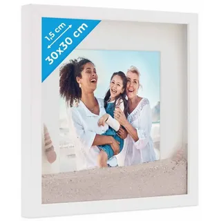 PHOTOLINI Bilderrahmen 3D-Objektrahmen zum Befüllen mit Passepartout und Glasscheibe, für 1 Bilder (1 Einzelrahmen), Rahmen 30x30 cm für Objekte bis 1,5 cm Tiefe zum Basteln & Verschenken weiß 30 cm x 30 cm